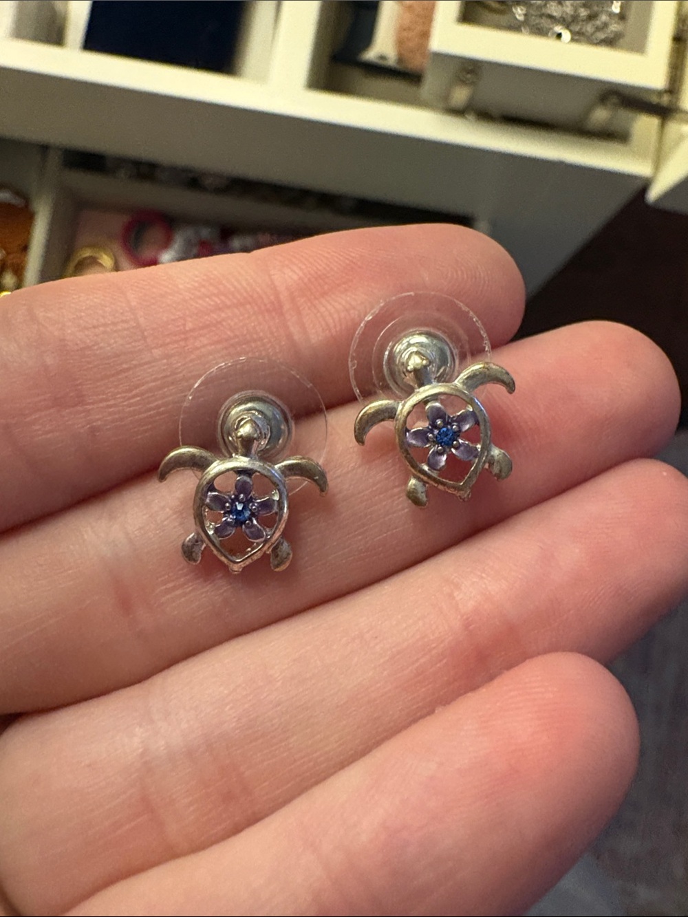 Silver Turtle Stud Earrings with Blue Gem - Women Jewelry